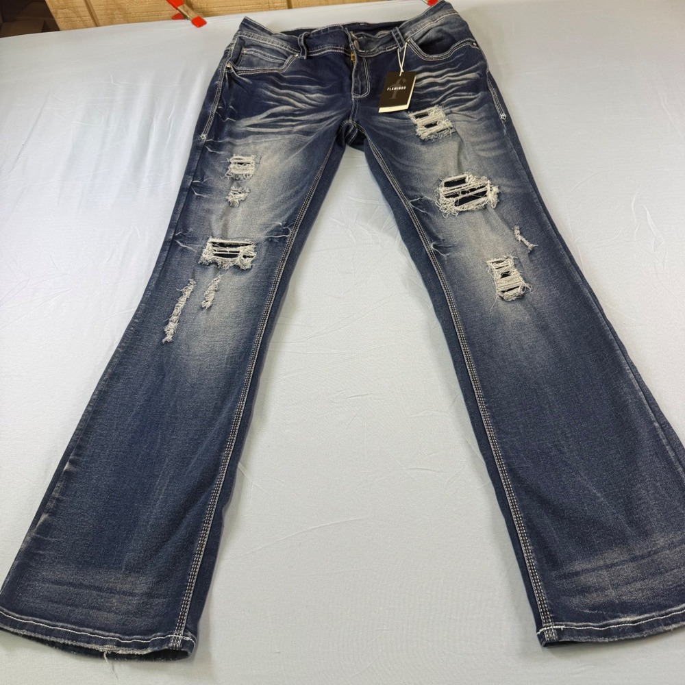 Flamingo Made For Curves Distressed Bootcut Jeans Dark Wash Whiskered Ripped NWT
